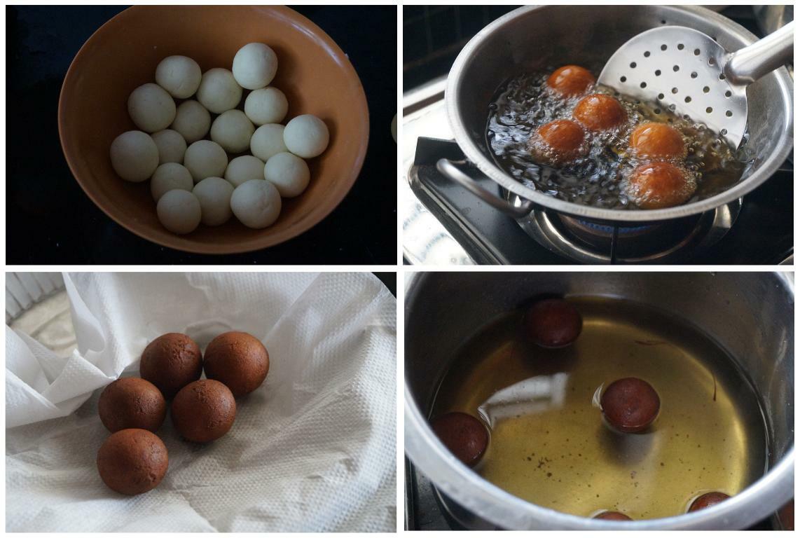 Shaping the gulab jamun dough, frying them in oil and soaking them in sugar syrup is shown in step by step photos