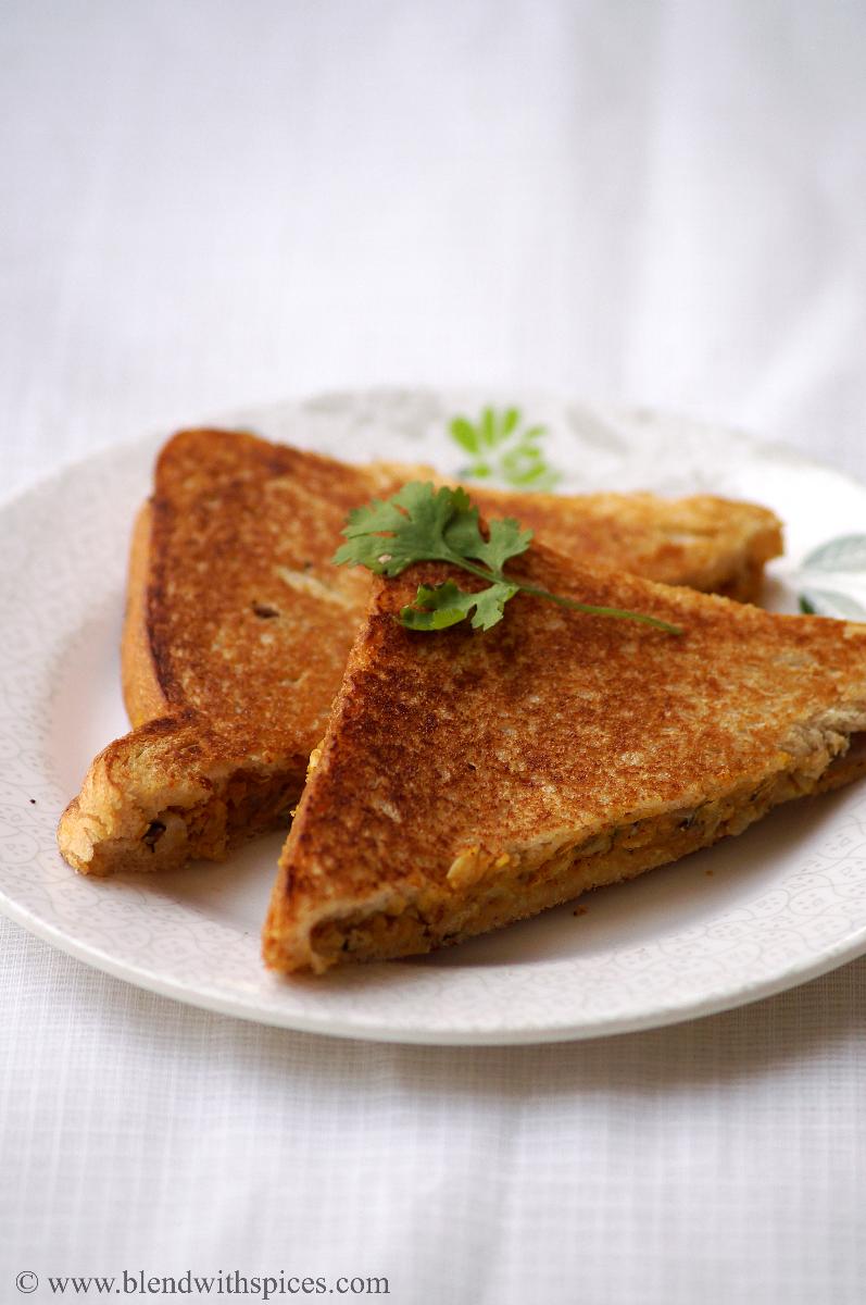 Indian style toasted sandwich stuffed with savory black eyed peas stuffing
