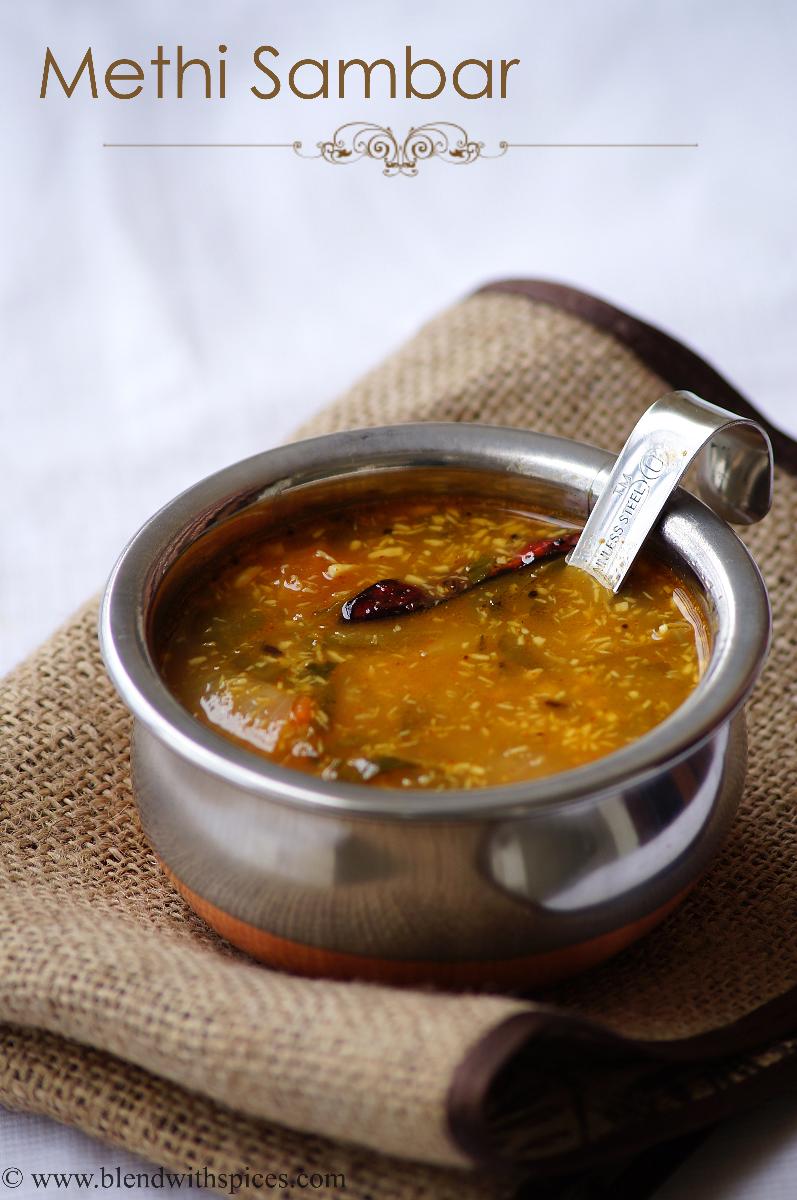 a bowlful of methi sambar or vendhaya keerai sambar.