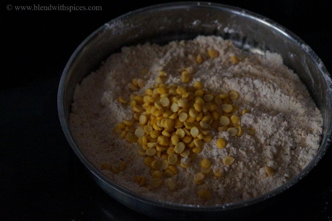 soaked chana dal is added to the rice flour