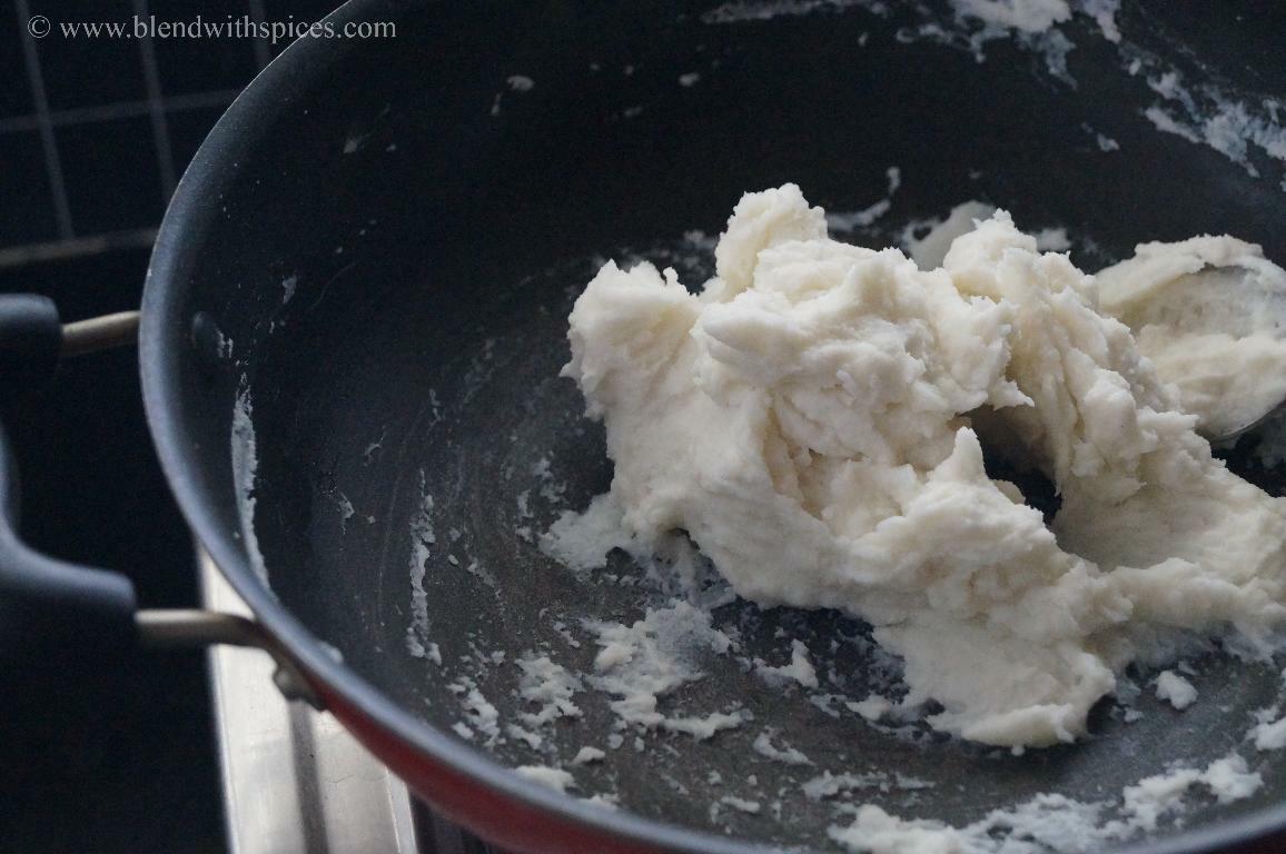Rice flour mixture cooked until it forms a soft dough for paal kozhukattai.
