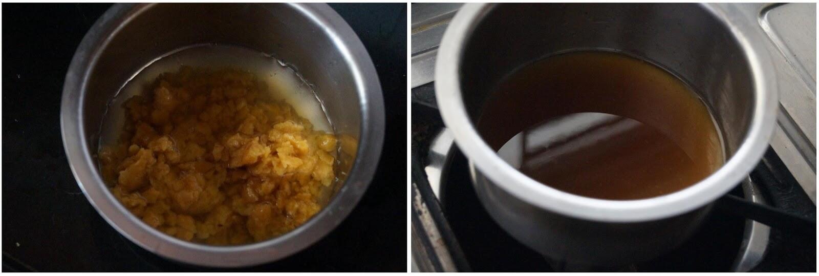 Dissolving jaggery in water and straining the syrup for making paal kozhukattai.