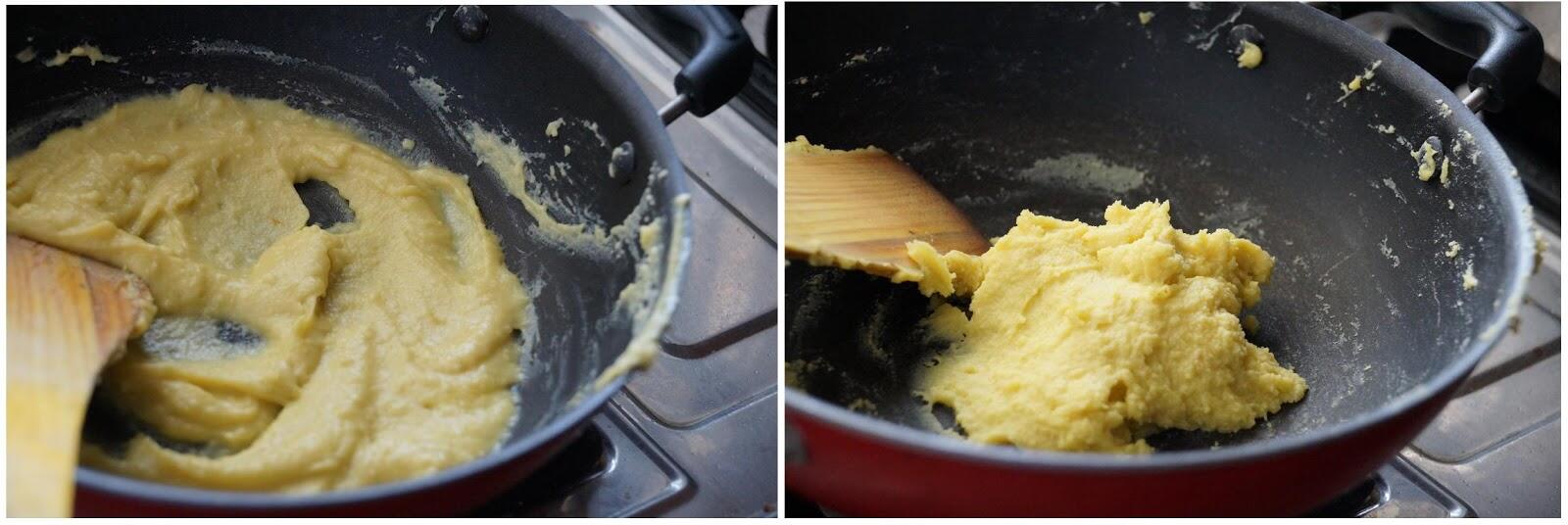 Cooking khoya mixture until it thickens and leaves the sides of the pan for kesar peda.