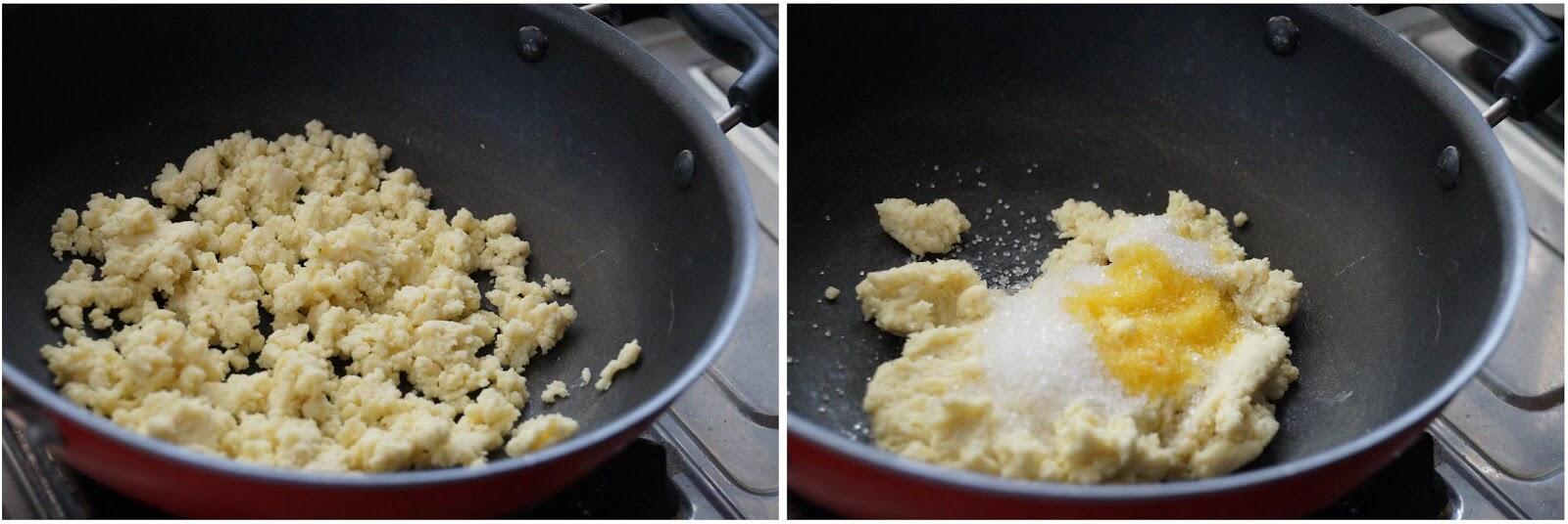Crumbled khoya sautéed in a pan and mixed with sugar, cardamom and saffron for kesar peda.