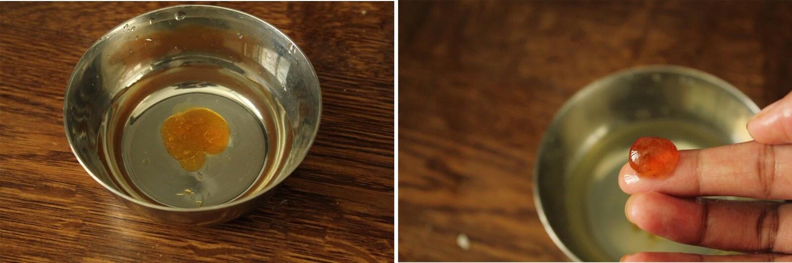 Testing jaggery syrup consistency for making best pori urundai