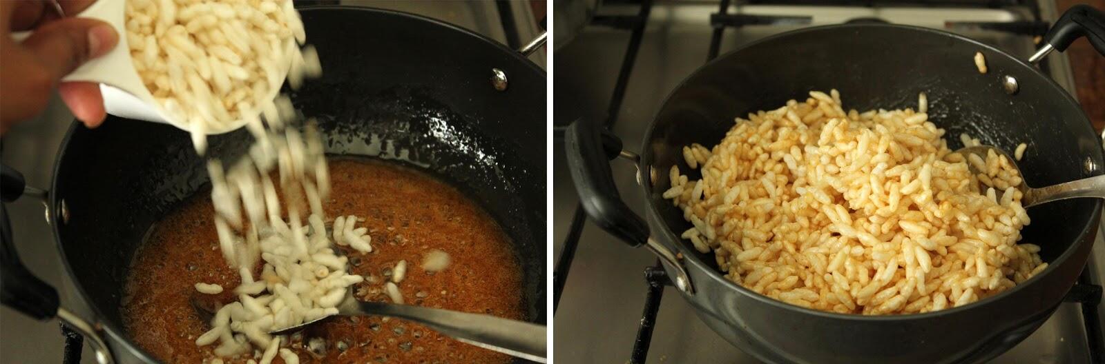 Adding puffed rice to hot jaggery syrup and mixing to make pori urundai.