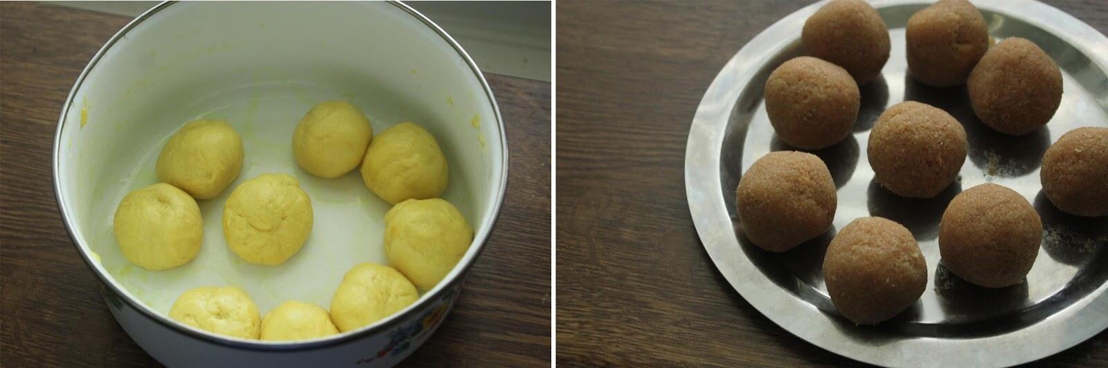 Outer layer dough and sweet coconut stuffing are shaped into round balls to make kobbari bobbatlu