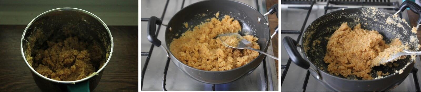 Preparing the coconut jaggery filling to stuff the traditional karnataka kayi holige or coconut poli