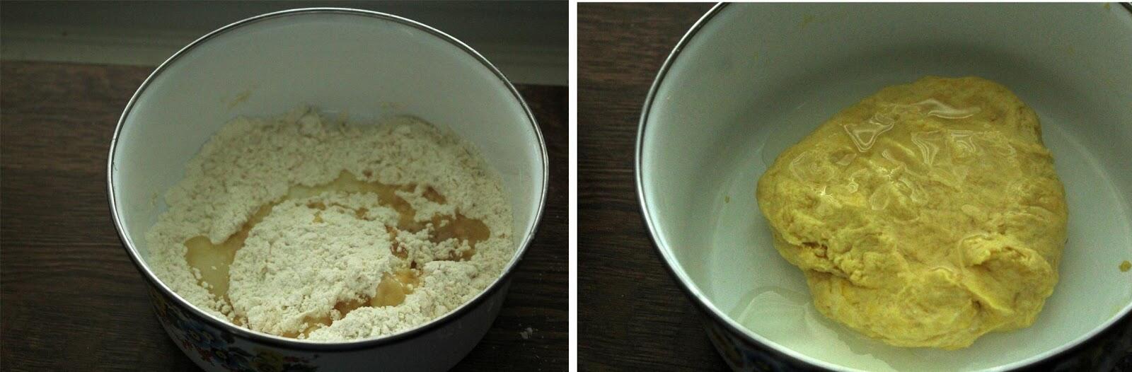 preparing the outer dough for kayi obbattu or coconut poli by mixing flour, turmeric, salt, oil and water.