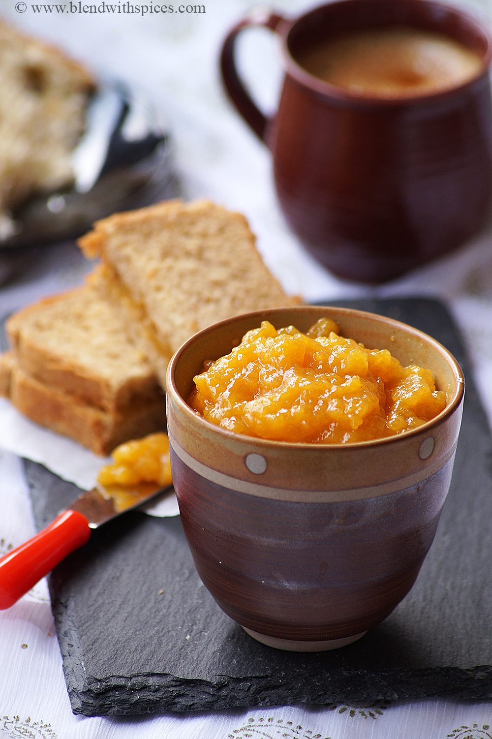 no pectin persimmon jam recipe served with bread and coffee