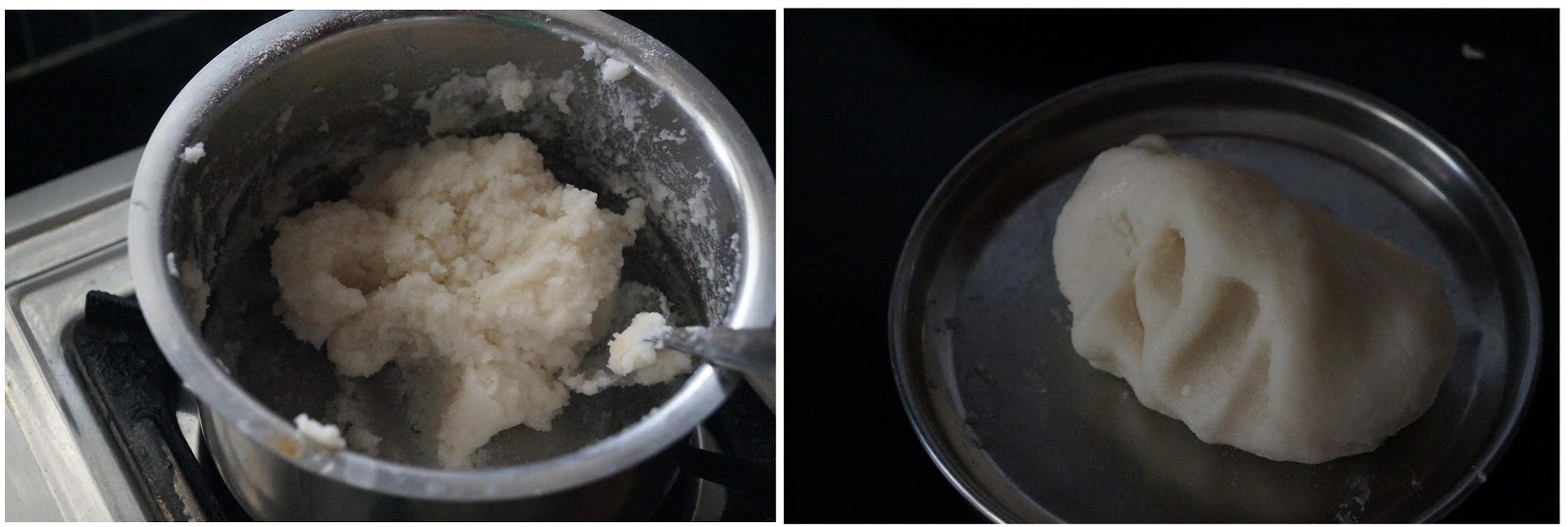 making the rice flour dough to make undralla payasam