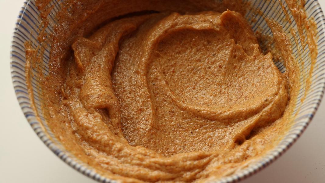 Whipped pumpkin pie spice butter in a mixing bowl.
